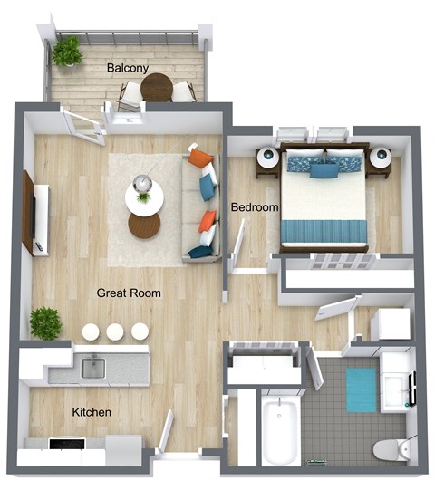 Floor plan for 1 bed, 1 bath, 697 sqft